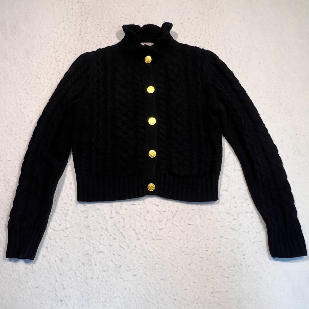 J. Crew Factory Black Cable Knit Turtleneck Cardigan with Gold Buttons